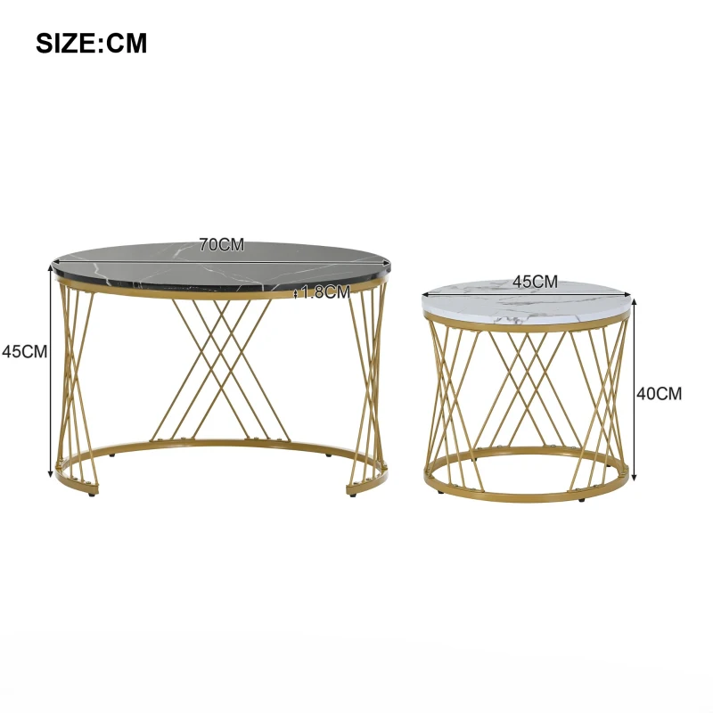 Ensemble de table basse gigogne moderne en MDF, finition effet marbre et structure en métal, 70x70x45 cm et 45x45x40 cm, Noir