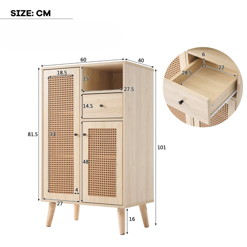 Buffet Moderne en Style Scandinave avec 2 Portes en Rotin et 1 Tiroir, Grand Espace de Rangement, 60x40x101 cm, pour Cuisine ou Salon, Chêne