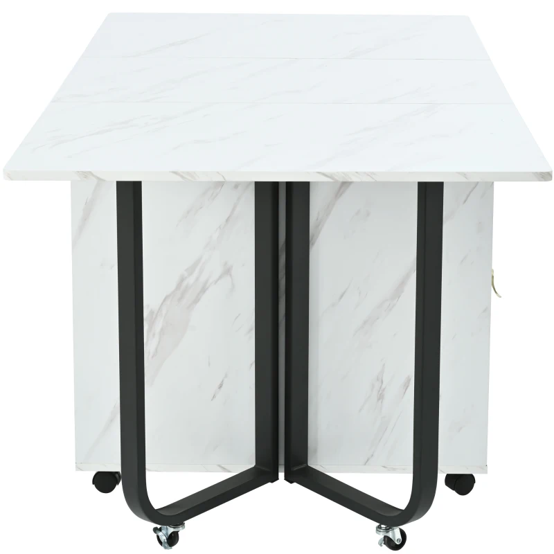 Folding Dinning Table with Goldplated Handles, 3 Extensive Modes for Learning&Dinning, Metal Frame - White/Black