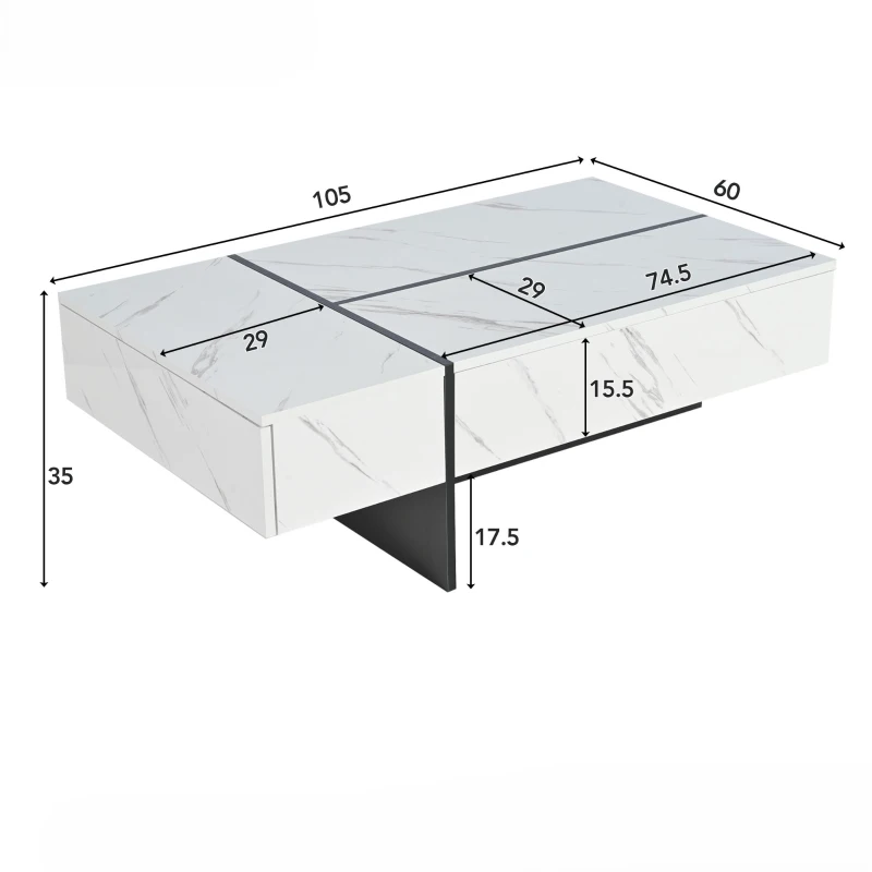 Table basse moderne relevable avec éclairage LED intégré, 16 couleurs, surface brillante effet marbre et 3 tiroirs, 105x60x35 cm, Blanc