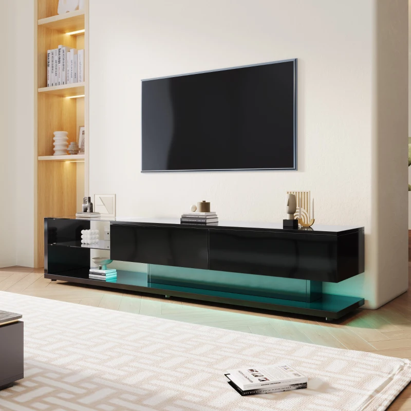 TV-Schrank 170 cm mit LED Glasregalen und Schubladen für modernes Wohnzimmer Schwarz