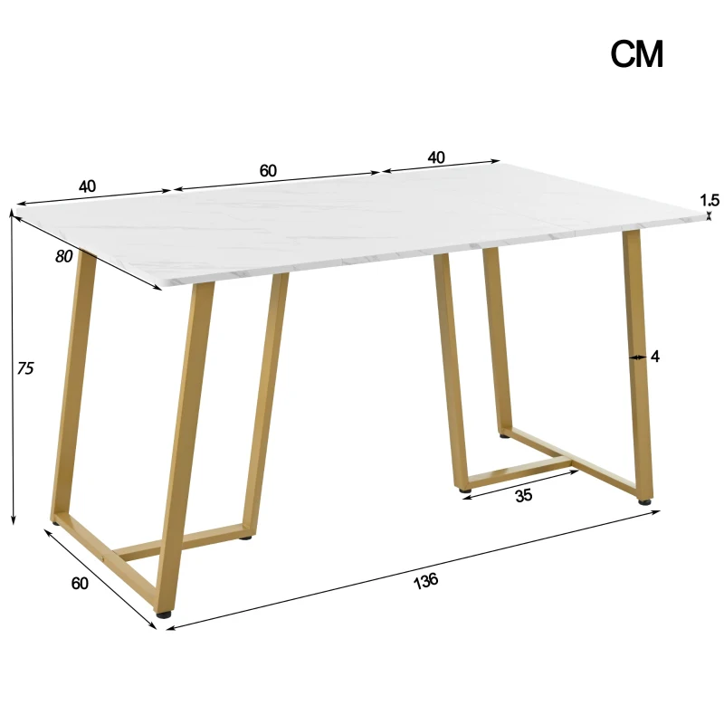 Modern Fodable Dining Table with Marble Pattern, Adjustable Metal Legs, Rectangular Kitchen Table for Dining Room, 140x80x75 cm, White+Gold