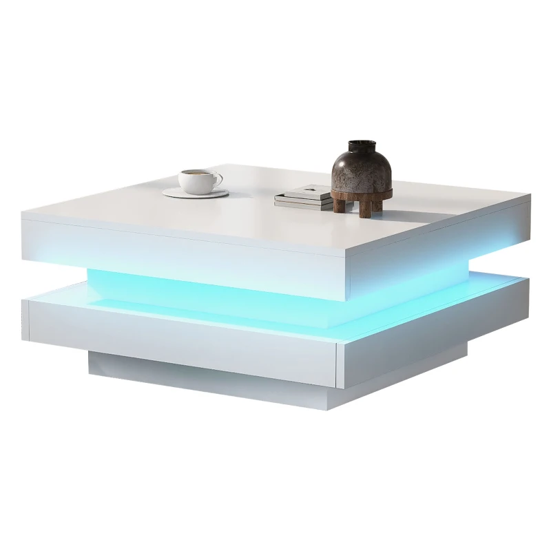 Table basse moderne relevable avec éclairage LED à 16 couleurs, 70x70x36 cm, capacité maximale 30 kg, Blanc