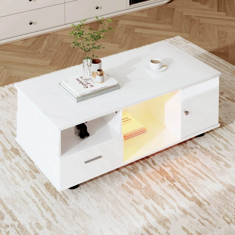 Table basse moderne avec LED, plateau effet marbre brillant et deux tiroirs, contrôle par application, 110x38,8x55 cm, Blanc
