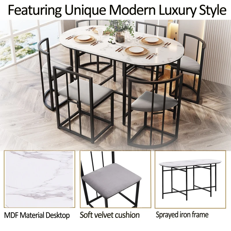 Modern Rattan 6 Seater Garden Dining Table Set with Backrest Chairs and Cushions, Black Iron Frame, 140x80x76 cm, Black