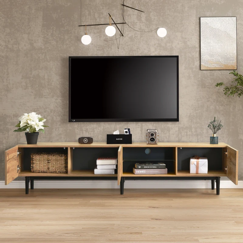 Moderner TV-Schrank mit Holzmaserung und 7-farbigen LED-Leuchten, einfacher Montage und großem Stauraum, Holzfarbe