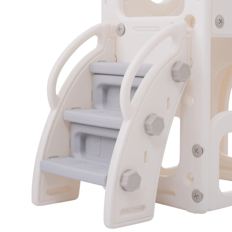 Toboggan multifonctionnel pour enfants 6 en 1 avec rampe, double plateforme, casiers, panier de basket et échelle, 174x150x95 cm, Gris+blanc