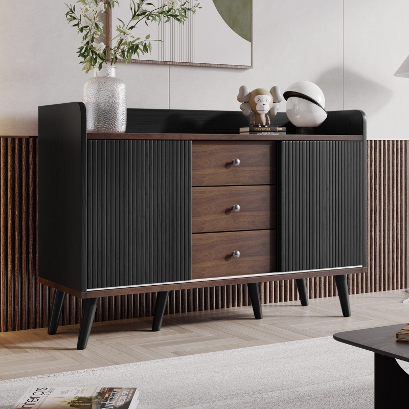 Modernes Sideboard mit Schiebetüren und Schubladen, Schwarz und Holz