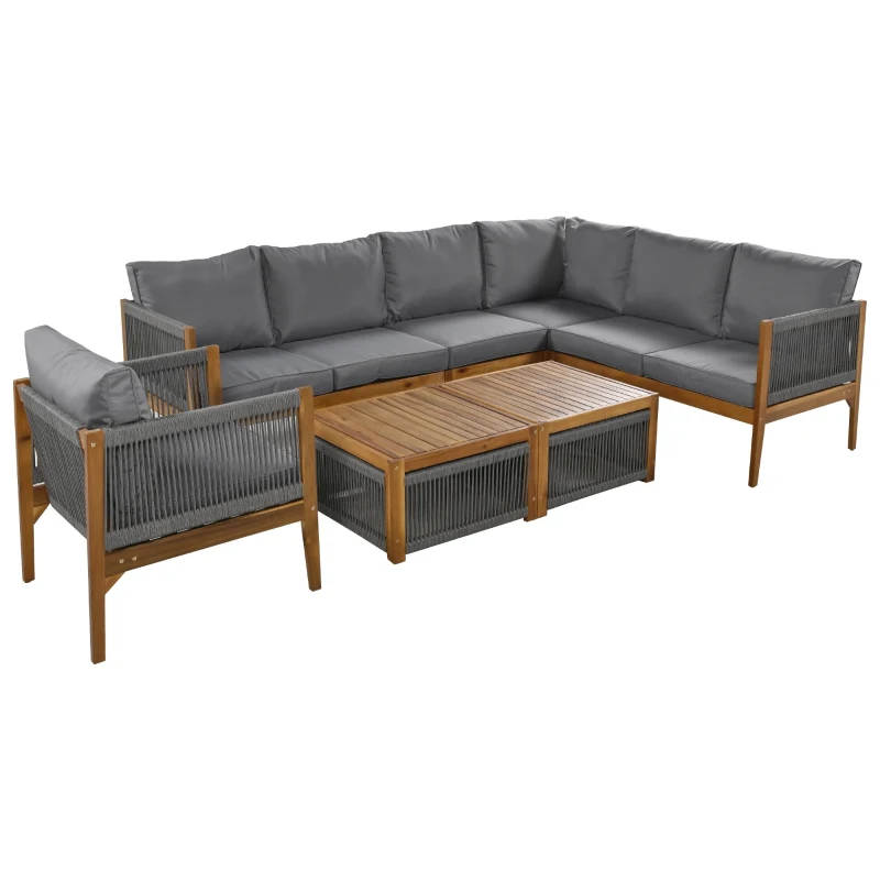 Gartenlounge Set für 7-8 Personen, Akazienholzrahmen, Handgewebtes Seildesign, Abnehmbare und Waschbare Bezüge, Natürlich+Grau