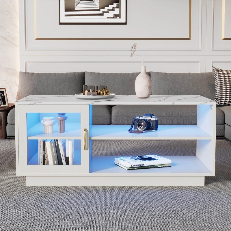 Table Basse de Salon Moderne avec Plateau , LED Lumineux, Télécommande, Surface Brillante et Compartiment de Rangement, 90x50x43 cm, Blanc