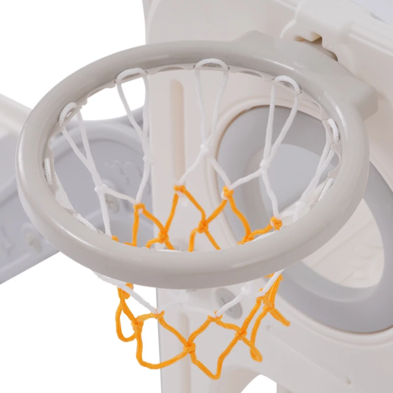 Toboggan multifonctionnel pour enfants 6 en 1 avec rampe, double plateforme, casiers, panier de basket et échelle, 174x150x95 cm, Gris+blanc