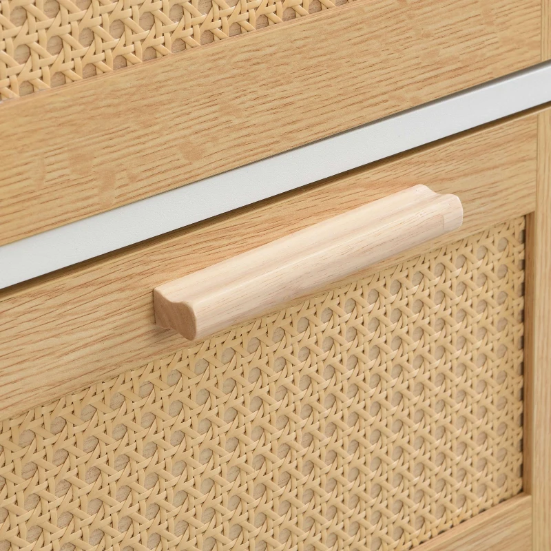 Hochwertiger Rattanschrank mit 4 Schubladen und Massivholzgriffen für Schlafzimmer, Wohnzimmer und Flur, Natürlich+Weiß