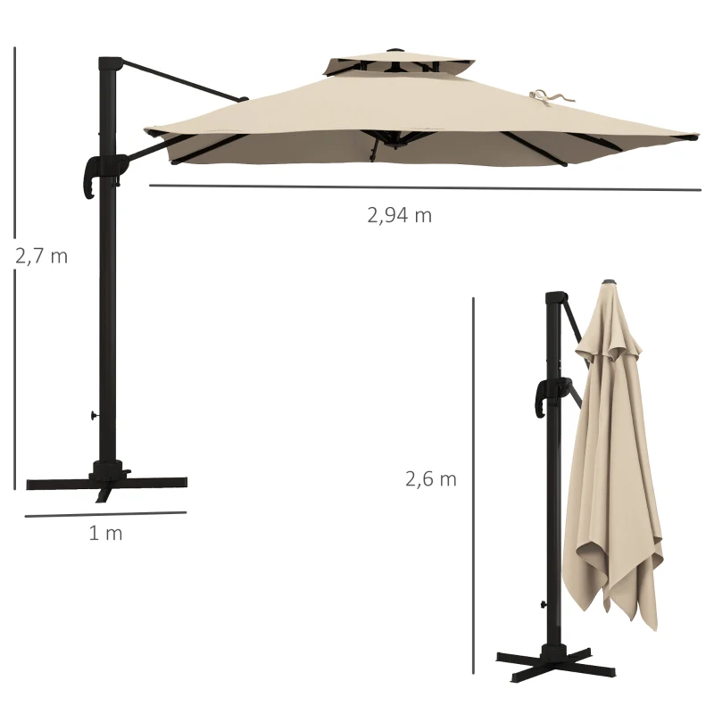 Outsunny Chapéu de Sol de Alumínio Chapéu de Sol Excêntrico com Manivela Teto Duplo Inclinável Mastro Giratório 360° Ø295x270 cm Cáqui