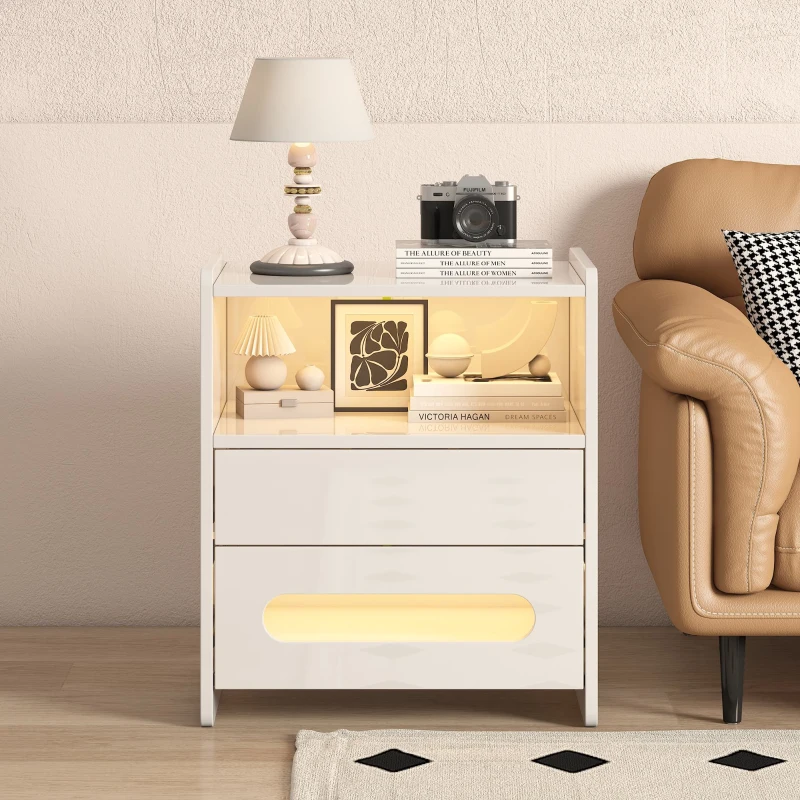 Ensemble de 2 tables de chevet modernes avec éclairage LED, 2 tiroirs et télécommande, en mélamine de haute qualité, pour chambre, Noir + Blanc