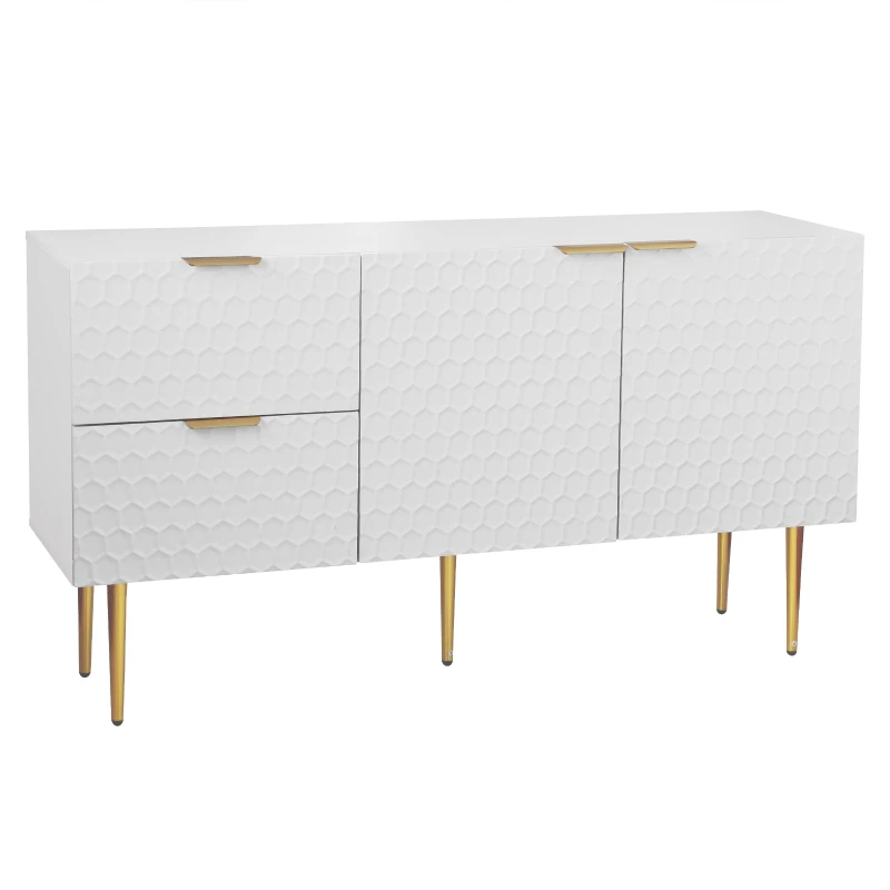 Sideboard mit Einzigartigem Muster, Zwei Türen und Schubladen, vergoldete Griffe und Füße, Weiß