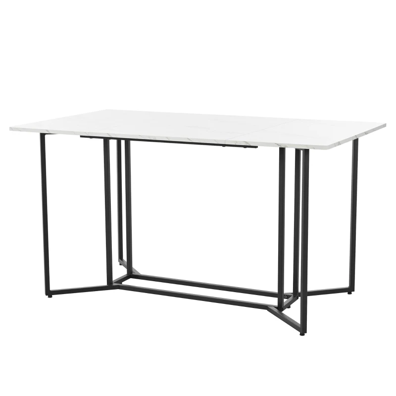 Modern Dining Room Table with Adjustable Metal Legs and Marble Pattern, Rectangular Extendable Table for Kitchen, 140x80x75 cm, White+Black