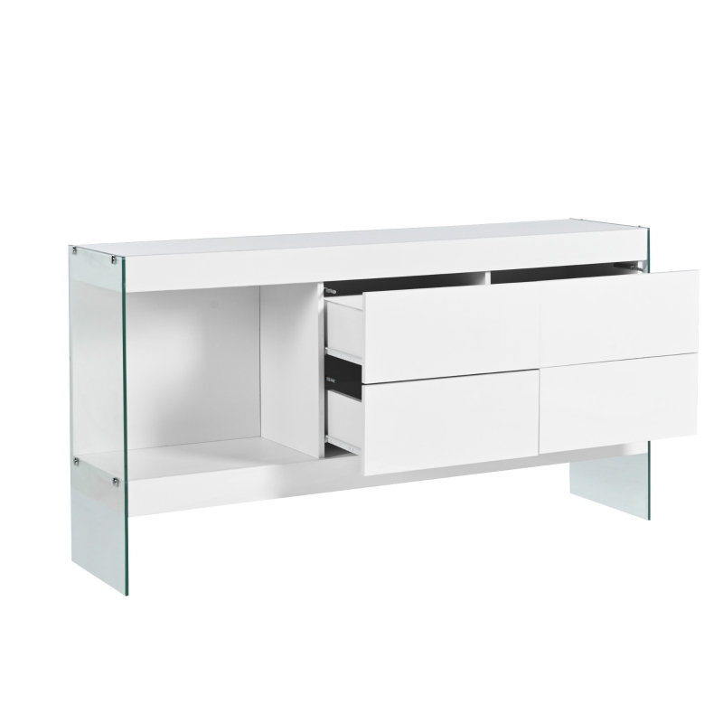 Sideboard mit Glasbeinen, vier Schubladen und LED-Beleuchtung, Weiß + Glas