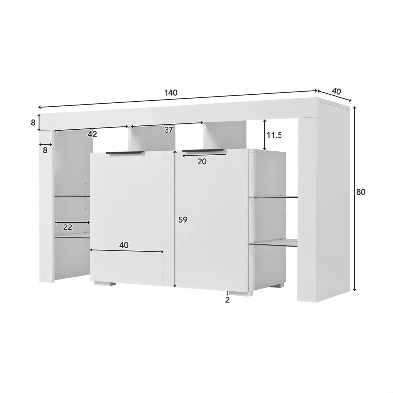 Buffet Moderne Lumineux avec LED, 140x40x80 cm pour Salon, Blanc
