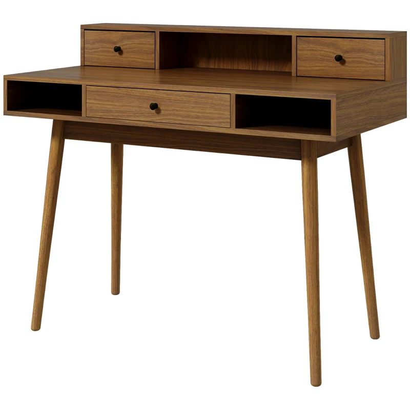 HOMCOM Bureau table post de travail design vintage 3 tiroirs 3 niches pieds en bois massif 110 x 54 x 91,5 cm aspect noyer(m-10)