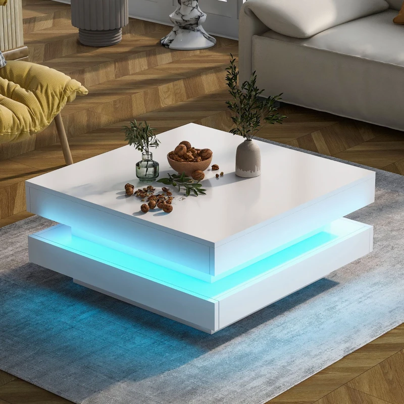 Table Basse Moderne avec Plateau Tournant à 360° et Éclairage LED à 16 Couleurs, 70x70x36 cm, Blanc