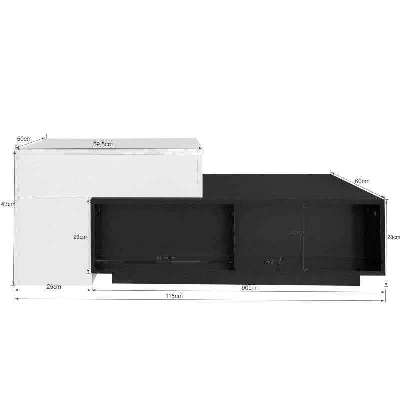 Table Basse avec Fonction de Levage, Réglable en Hauteur avec Étagères Cachées, 59,5x43x50 cm + 90x60x28 cm, Noir