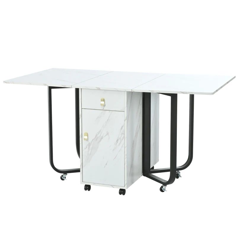Folding Dinning Table with Goldplated Handles, 3 Extensive Modes for Learning&Dinning, Metal Frame - White/Black