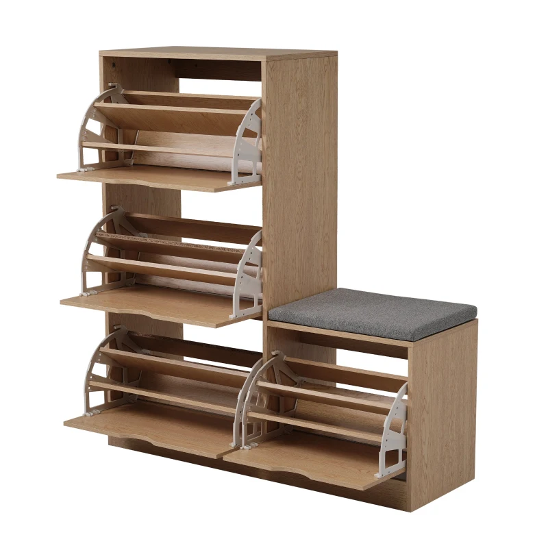 Schuhschrank mit 4 Klappen und Sitzbank, weiches Sitzkissen, grifflose Schuhkommode in Naturholzoptik, Natur