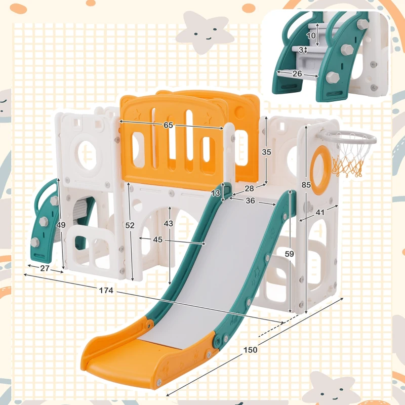 Toboggan pour enfants multifonctionnel 6 en 1 avec rampe, double plateforme, casiers, panier de basket et échelle，174x150x95 cm, Vert antique