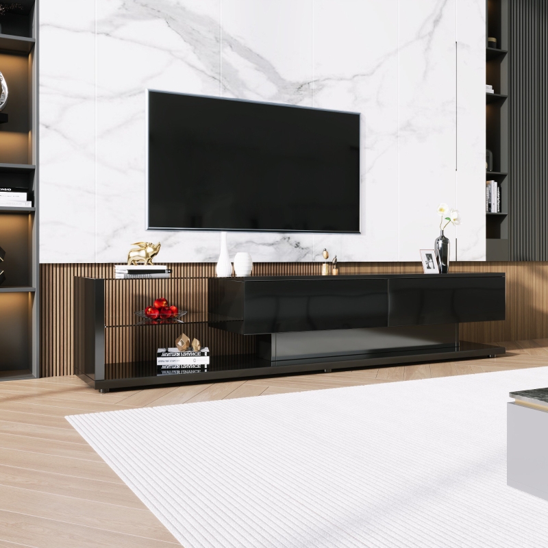 TV-Schrank 170 cm mit LED Glasregale Schwarz