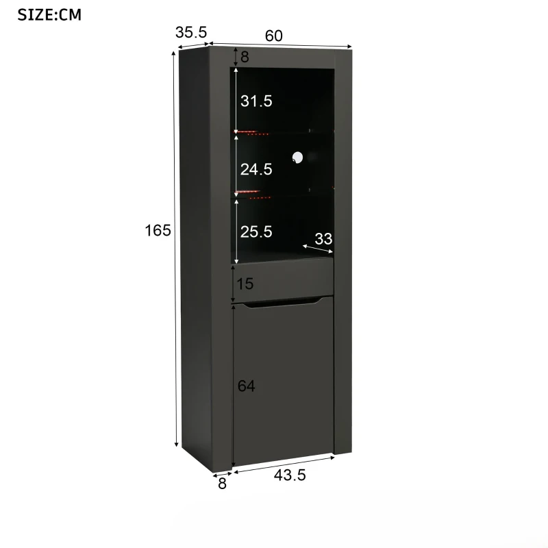 Vitrine moderne avec lumières LED et étagères spacieuses pour ranger livres et objets, en panneaux de particules écologiques, 60x35,5x165 cm, Gris