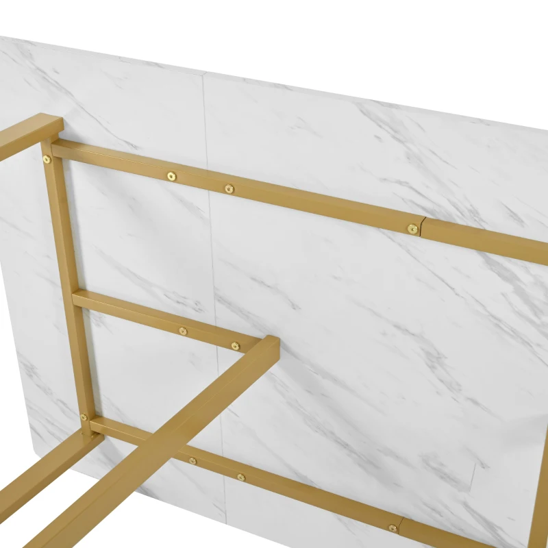 Modern Fodable Dining Table with Marble Pattern, Adjustable Metal Legs, Rectangular Kitchen Table for Dining Room, 140x80x75 cm, White+Gold