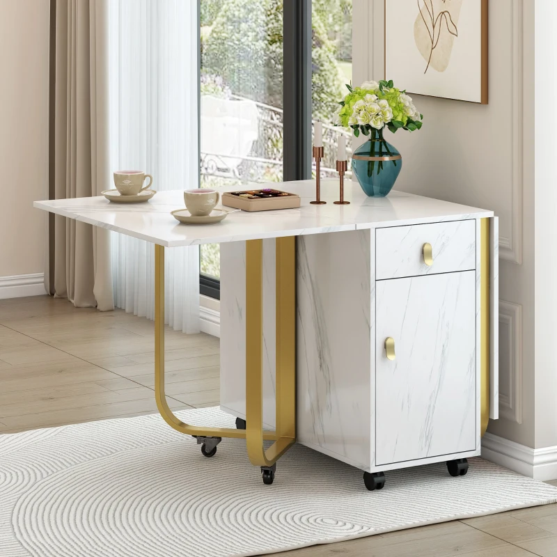 Folding Extendable Dining Table with Cupboard and 2 Drawers, Space-Saving Utility Table with Castors and Adjustable Legs, White/Gold