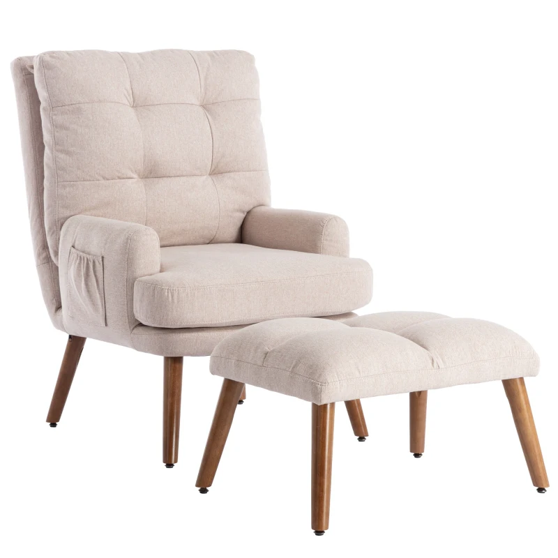 Lounge Sessel mit Hocker, verstellbare Rückenlehne, Seitentaschen, 65x60x96cm, Weiss