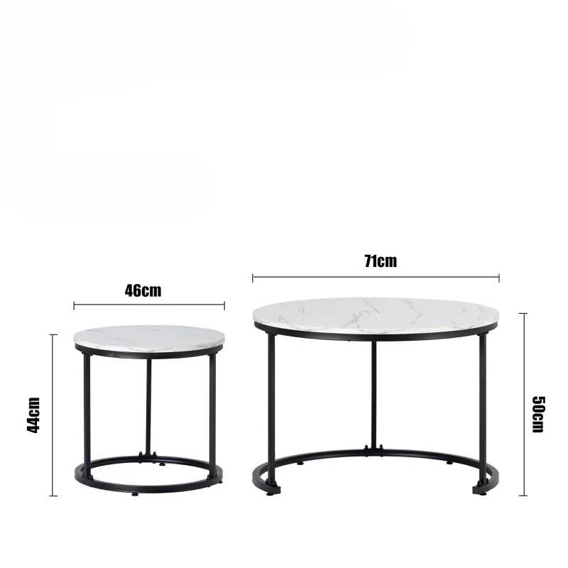 Lot de 2 tables basses gigognes rondes empilables, MDF, structure métal, gain de place, grande 71x71x50 cm, petite 46x46x44 cm, Marbre