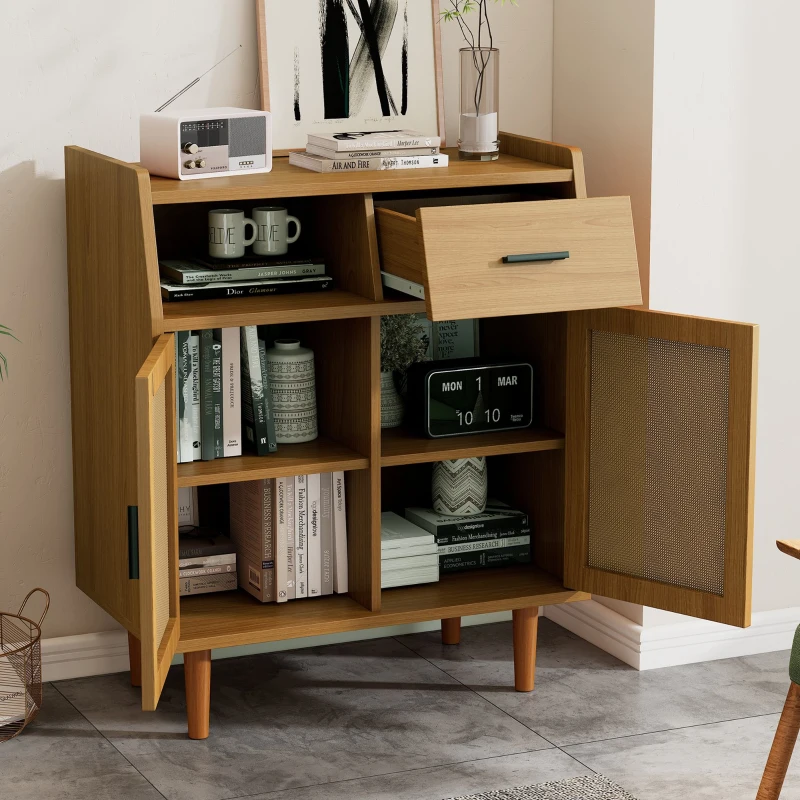 Kommode mit 1 Schublade und 2 Türen, Sideboard Highboard mit Metallgriffen für Schlafzimmer, Wohnzimmer und Büro, Walnuss