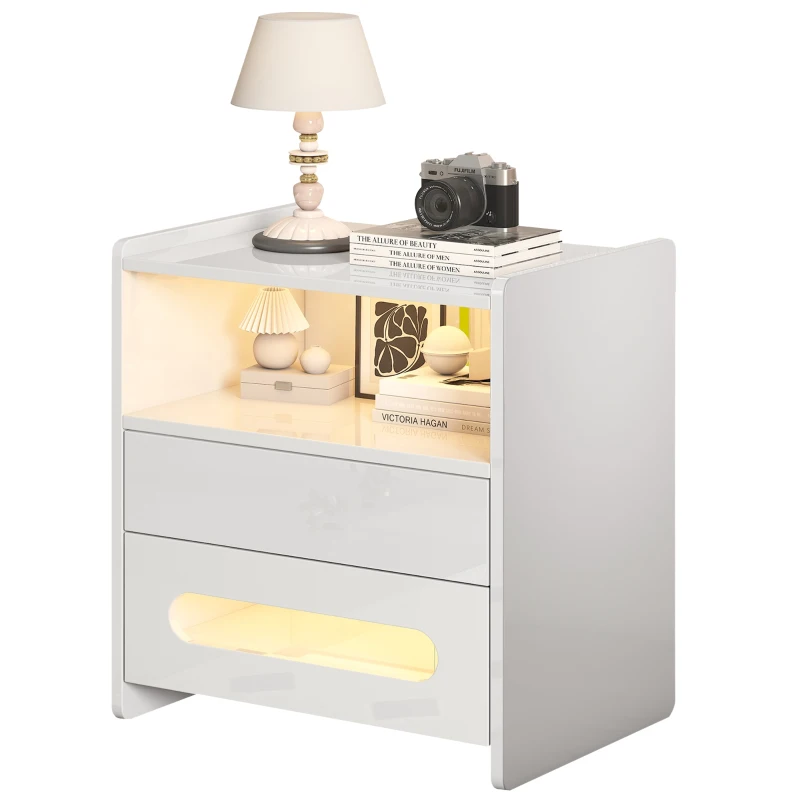 Ensemble de 2 tables de chevet modernes avec éclairage LED, 2 tiroirs et télécommande, en mélamine de haute qualité, pour chambre, Noir + Blanc