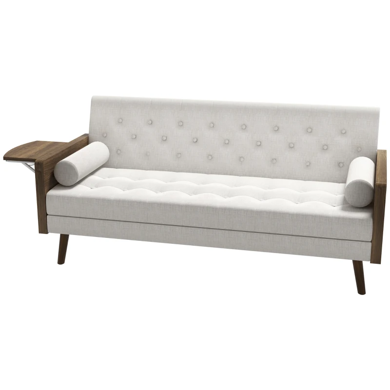 HOMCOM Canapé Convertible 3 Places Design scandinave Dossier inclinable 3 Positions Tablette Rabattable 2 Coussins Inclus Pieds effilés Bois Eucalyptus fumé Tissu Coton Polyester Aspect Lin Beige