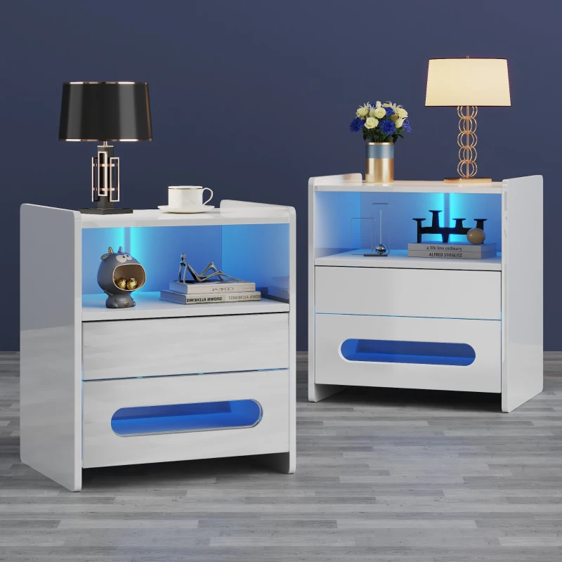 Ensemble de 2 tables de chevet modernes avec éclairage LED, 2 tiroirs et télécommande, en mélamine de haute qualité, pour chambre, Noir + Blanc