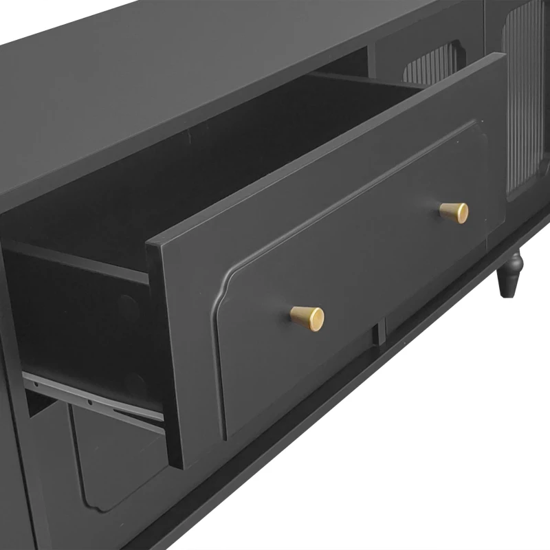 Meuble TV Mobile au Style Rétro avec Poignées Dorées, Grand Espace de Rangement, Porte en Verre et Pieds en Bois Massif, 175x38x55,5 cm, Noir