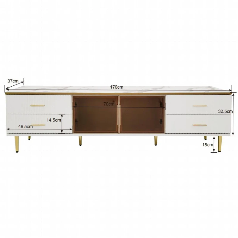 TV-Schrank in Marmoroptik mit LED-Beleuchtung, 4 Schubladen und 2 Türen aus gehärtetem Glas, vergoldete Griffe, Modernes Design für Wohnzimmer, Weiß und Gold