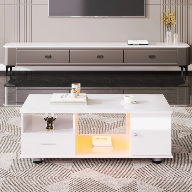 Moderner LED-Couchtisch mit Marmoroptik, App-Steuerung und viel Stauraum, weiß