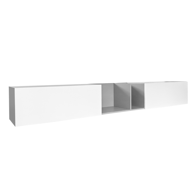 Meuble TV suspendu avec 2 portes, 2 étagères ouvertes, ouverture par pression, à charnières, supporte des téléviseurs jusqu'à 90", 220x35x30 cm, Blanc