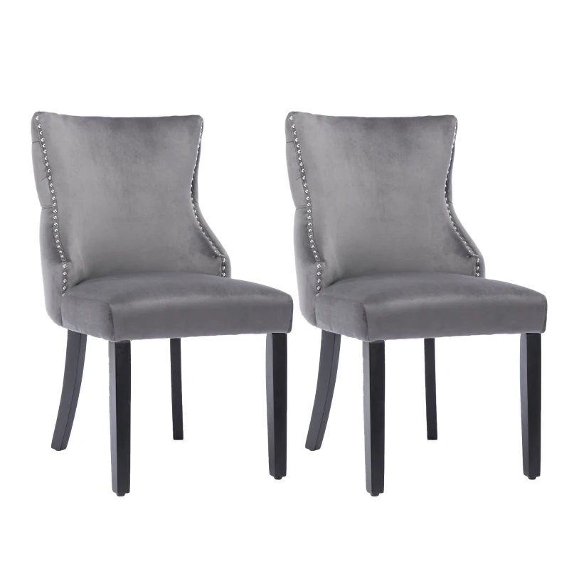 Upholstered Velvet Dining Chairs with Nail Head Trim and Adjustable Solid Wood Legs, Set of 2, Grey