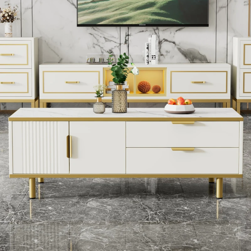 Table basse moderne avec tiroirs, design rayé, plateau en faux marbre et détails en métal doré, 100x50x43 cm, Blanc