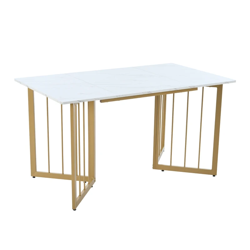 Modern Oblong Dining Room Tables with V-shaped Support Legs, Marble Top Extendable Table with Metal Frame, 140x80x75 cm, White+Gold