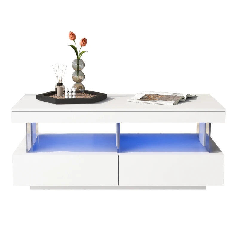 Table Basse Moderne avec Éclairage LED et Étagères en Acrylique, 100x60x49,5 cm, Blanc