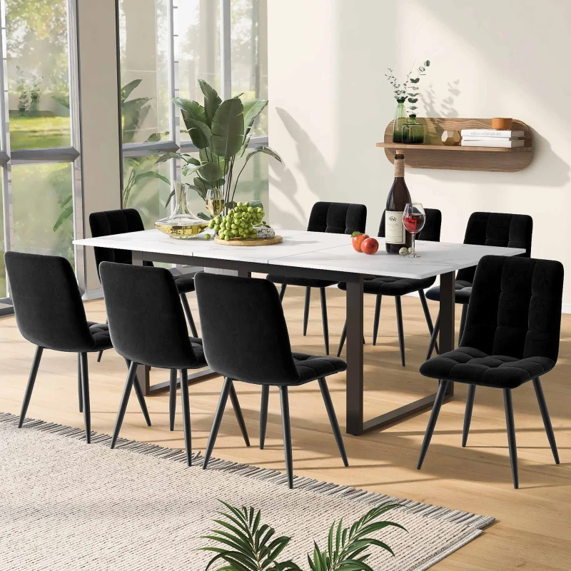 Telescopic Oblong Dining Table with Iron Metal Legs, MDF Marble Top, Extendable Table for Dining Room, Living Room, 180x80x75 cm, White