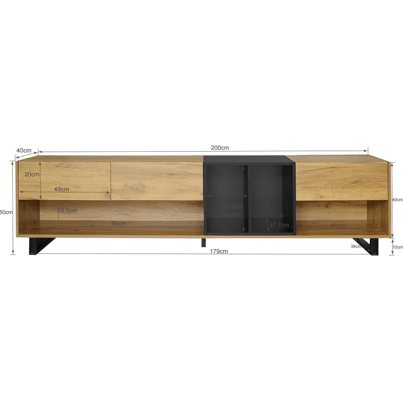 Meuble TV Bas Moderne en Bois avec Pieds en Métal, Trois Tiroirs et Étagères, 200x40x50 cm - Meuble TV Scandinave, Naturale+Noir