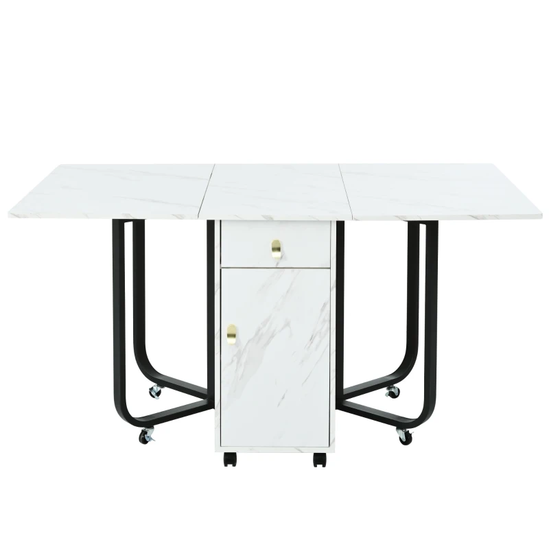 Folding Dinning Table with Goldplated Handles, 3 Extensive Modes for Learning&Dinning, Metal Frame - White/Black
