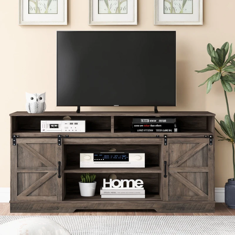 Petit meuble TV de style ferme avec 2 portes coulissantes et étagères réglables, adapté au salon et à la salle à manger, 150x40x81,5 cm, Gris délavé